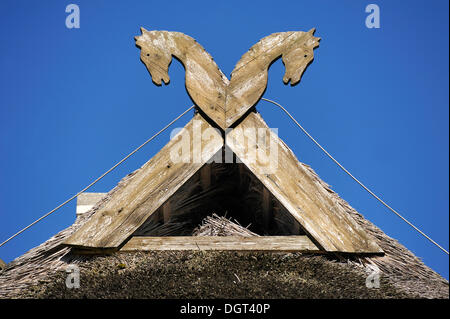 Les chevaux, les animaux héraldiques de Basse-Saxe, sur un pignon avec un hibou's nest contre un ciel bleu, Haferland Hôtel et restaurant Banque D'Images