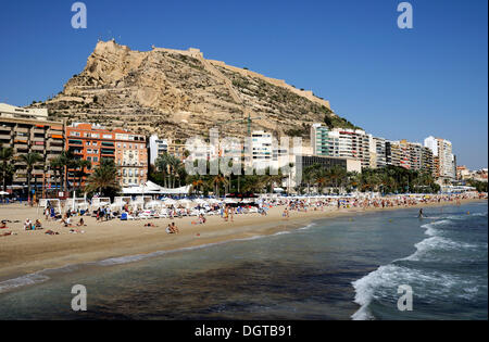 Playa del Postiguet avec le château Castillo de Santa Bárbara, Alicante, Costa Blanca, Espagne, Europe Banque D'Images