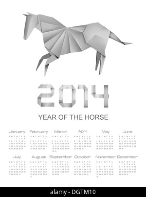 Calendrier pour l'année 2014. L'origami. Vector illustration. Banque D'Images