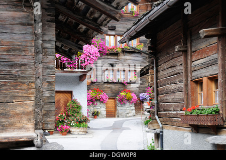 Chalets traditionnels en bois dans le pittoresque village de Evolene suisse dans le Val d'Herens Banque D'Images