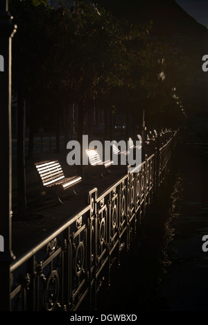 Tôt le matin, la lumière éclairant les bancs publics au bord du lac à Lugano, Tessin, Suisse Banque D'Images