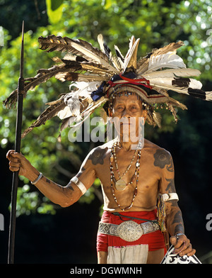 Chasseur de têtes du groupe ethnique de l'Iban de personnes avec une lance, Skrang River, Rajang, Sarawak, Bornéo, Malaisie Banque D'Images