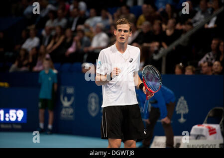 Bâle, Suisse. 26Th Oct, 2013. Vasek Pospisil (CAN) cheers au cours d'un match de demi-finale de la Swiss Indoors à St Jakobshalle le samedi. Photo : Miroslav Dakov/ Alamy Live News Banque D'Images