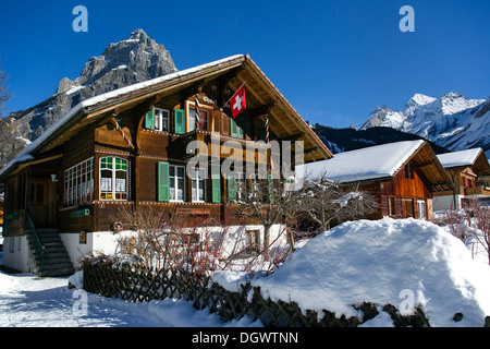Chalet avec un drapeau suisse, Bire montagne sur la gauche, sur la droite du Massif Blueemlisalp, paysage d'hiver, les Alpes Bernoises Banque D'Images