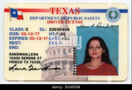 Permis de conduire de l'état du Texas - toutes les informations/données ont été modifiées Banque D'Images