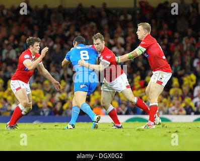 Cardiff, Pays de Galles. 26Th Oct, 2013. Anthony Laffranchi (Italie &AMP ; St Helens) s'exécute à la défense galloise pendant la Coupe du Monde de Rugby match entre l'Italie et du Millennium Stadium. Credit : Action Plus Sport/Alamy Live News Banque D'Images