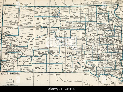 Ancienne carte du Dakota du Sud, 1930 Banque D'Images