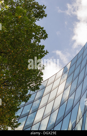 Réflexions du ciel sur un système de bardage vitré, arbre en premier plan Banque D'Images