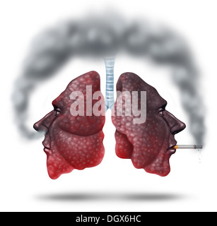 La fumée secondaire concept de soins de santé pour le tabagisme les risques avec les poumons en forme de tête avec un fumeur et une autre victime innocente de la respiration pulmonaire des fumées toxiques en tournant l'orgue noir. Banque D'Images