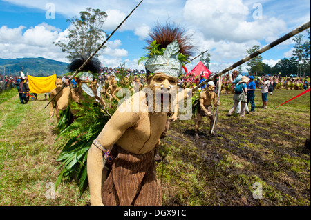 Membre d'une tribu dans un costume à la décoration colorée avec la peinture du visage et du corps à la traditionnelle collecte sing-sing, Hochland Banque D'Images