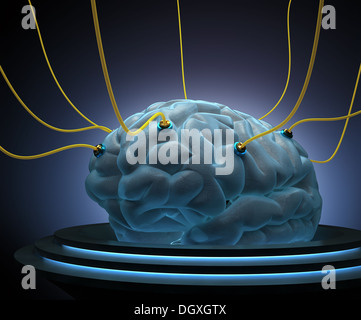 Cerveau avec les câbles connectés à un test de la puissance de l'esprit. Banque D'Images