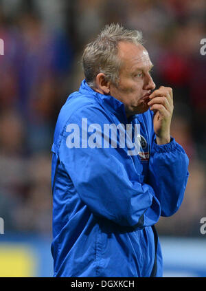 Freiburg, Allemagne. 27 Oct, 2013. L'entraîneur-chef de Fribourg Christian Streich réagit au cours de la Bundesliga match de foot entre Fribourg et Hambourg SV au MAGE SOLAR Stadium à Freiburg, Allemagne, 27 octobre 2013. Photo : PATRICK SEEGER (ATTENTION : En raison de la lignes directrices d'accréditation, le LDF n'autorise la publication et l'utilisation de jusqu'à 15 photos par correspondance sur internet et dans les médias en ligne pendant le match.)/dpa/Alamy Live News Banque D'Images