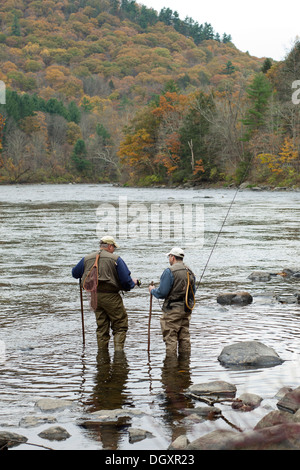 Deux personnes âgées les pêcheurs à la mouche retour à la rive de la rivière Housatonic dans Litchfield county, New York après une journée de pêche. Banque D'Images
