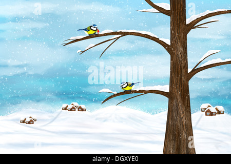 Mésange noire oiseaux sur un arbre. Illustration d'hiver. Banque D'Images