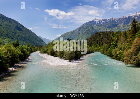 La rivière Soca dans la vallée de Soca dans Parc national du Triglav, Alpes Juliennes, près de Bovec, Slovénie, Europe Banque D'Images