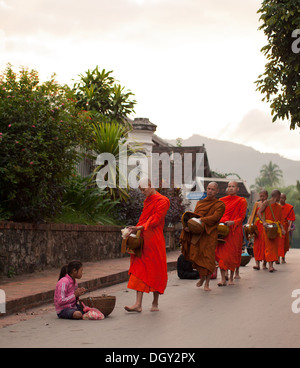 Un moine bouddhiste donne une pauvre fille nourriture pendant la cérémonie quotidienne du matin de l'aumône aux moines à Luang Prabang, Laos. Banque D'Images