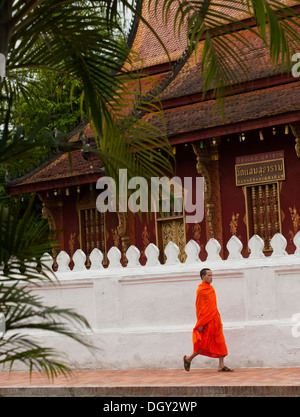 Un moine bouddhiste vêtu en orange promenades au bord de la Wat Sen temple bouddhiste à Luang Prabang, Laos. Banque D'Images