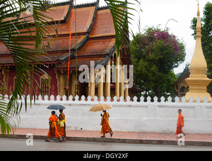 Un groupe de quatre (4) moines à pied passé Wat Sen temple bouddhiste à Luang Prabang, Laos. Banque D'Images