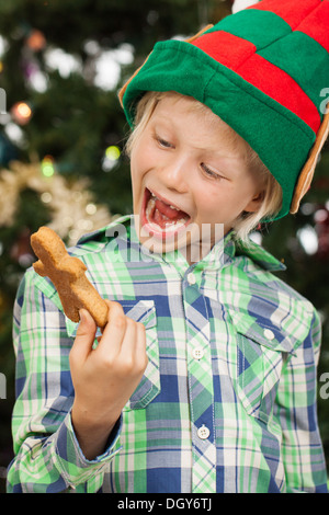 Un rire joyeux garçon vêtu comme Santas helper ou un elfe est tenue et à la recherche à un gingerbread man cookie. Isolé sur blanc. Banque D'Images