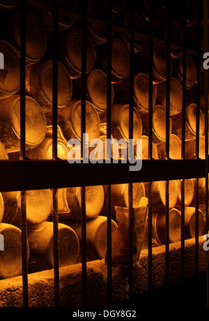 Dusty, des bouteilles de vin dans le stockage dans une ancienne cave à vin derrière des barres de fer Banque D'Images