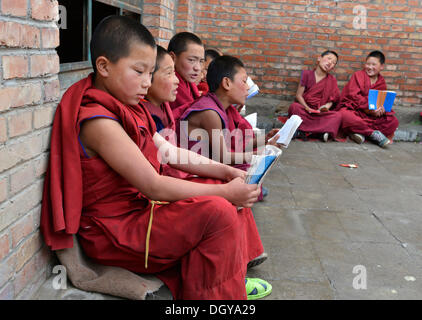 Jeune tibétain moines novices en robes rouges de la lecture des textes religieux, les étudiants de l'un monastère bouddhiste, Monastère de Tongren, Repkong Banque D'Images