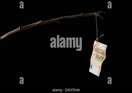 Un billet de cinquante euros se balançant d'une canne à pêche Banque D'Images