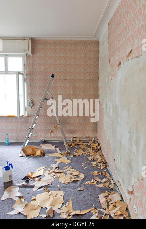 Chambre dans un ancien bâtiment en cours de rénovation, un vieux papier peint des années 60 étant enlevé, Stuttgart, Bade-Wurtemberg Banque D'Images