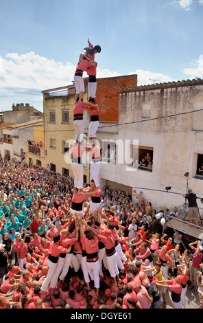 Colla Vella Xiquets de Valls.'Castellers' les capacités humaines tower.Dr Robert street.La Bisbal del Penedès. Province de Tarragone, Espagne Banque D'Images