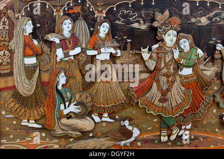 Radha Krishna avec les Gopis et jouant de la flûte et d'un Krishna, Suraj Kund, Haryana, Inde Banque D'Images