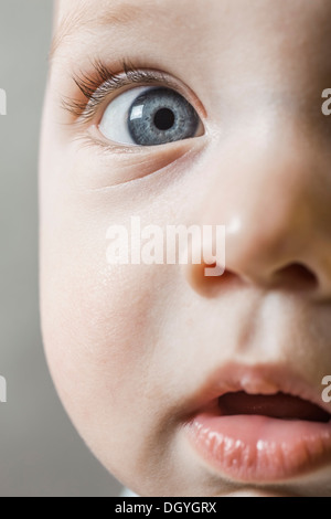 Un petit garçon à la curieusement dans l'appareil photo, extreme close-up Banque D'Images