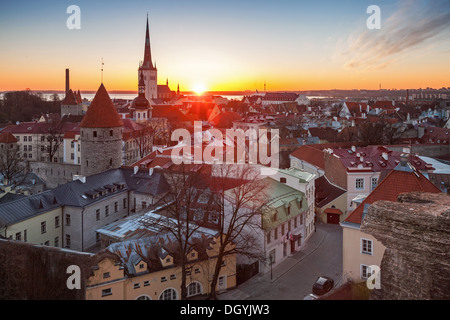 La ville tôt le matin avec la lumière du soleil levant dans la vieille ville de Tallinn, Estonie Banque D'Images