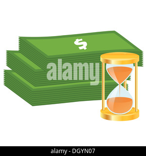 Le temps est argent concept. L'icône de l'argent. L'argent pile et golden Hourglass. Banque D'Images