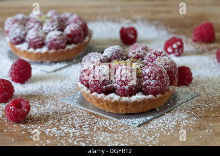 Deux tartelettes framboise avec quelques fruits rouges Banque D'Images