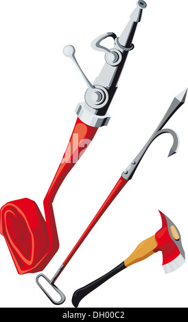 Matériel de lutte contre l'incendie constitué d'une corne, le tuyau d'incendie, hache d'incendie Banque D'Images