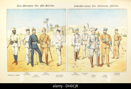 L'illustration, la lithographie, l'uniforme des soldats de l'empire colonial allemand en Afrique de l'Est et du sud-ouest de l'Afrique, fin du 19e siècle Banque D'Images