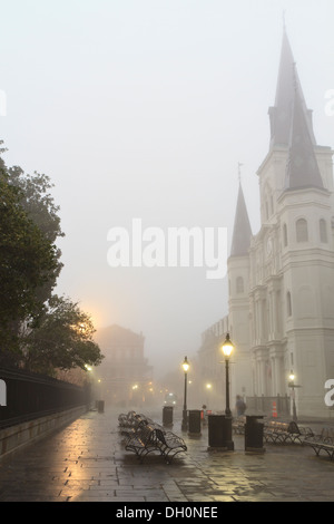 Tôt le matin, le brouillard sur Jackson Square obscurcit Cathédrale de Saint-Louis à la Nouvelle-Orléans, Louisiane Banque D'Images