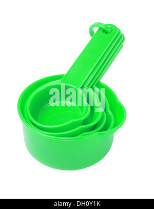 Ensemble de cuillères à mesurer en plastique sur fond blanc Banque D'Images