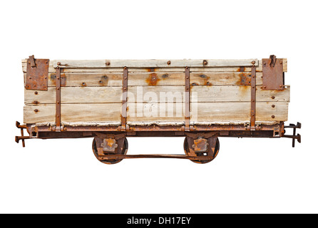 Voiture en bois vintage pour le chemin de fer à voie étroite isolé sur fond blanc Banque D'Images