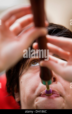 "Gralla'de castellers d'Esplugues.Musicien.Plaça Valentí Almirall.Barcelone, Espagne Banque D'Images