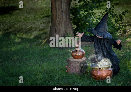 Peu d'halloween sorcière , une potion d'ébullition, en plein air dans les bois Banque D'Images