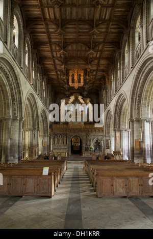 Vue intérieure de la cathédrale de St David's à la recherche en bas de la nef vers l'écran et orgue Banque D'Images