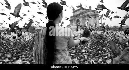 L'alimentation du pigeon femme part porte de l'Inde Mumbai maharashtra Inde Banque D'Images