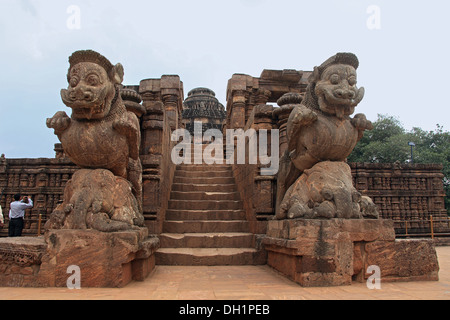 Lion sur elephant sculpture au temple du soleil de konark entrée Orissa en Inde Banque D'Images