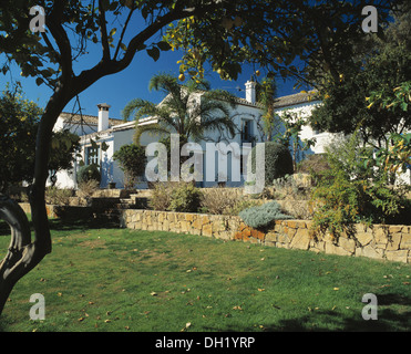 Pelouse et soulevé lit avec muret en pierre dans le jardin de villa traditionnelle espagnole Banque D'Images