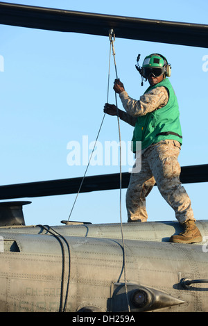 Océan Atlantique, (oct. 24, 2013) -- Le Sgt. Mitchel Stewart originaire de New York s'apprête à ranger les rotors d'un CH-53E Super Stallion suite à une évolution de récupération sur le pont de vol sur le navire d'assaut amphibie USS Bataan (DG 5). Bataan et Banque D'Images