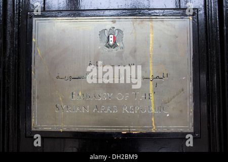 Plaque de l'ambassade de la République arabe syrienne, London, UK Banque D'Images
