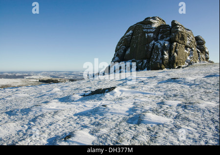 Par temps neigeux Haytor, Dartmoor National Park, Devon, Grande Bretagne. Banque D'Images