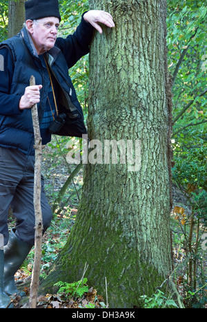 Homme mature reposant contre un arbre tout en marchant dans la campagne Banque D'Images