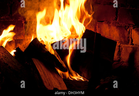 Feu de bois dans le foyer de brûler du bois de sciage Banque D'Images