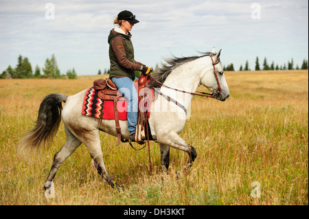 Woman riding sur un cheval gris à travers la prairie, en Saskatchewan, province, Canada Banque D'Images